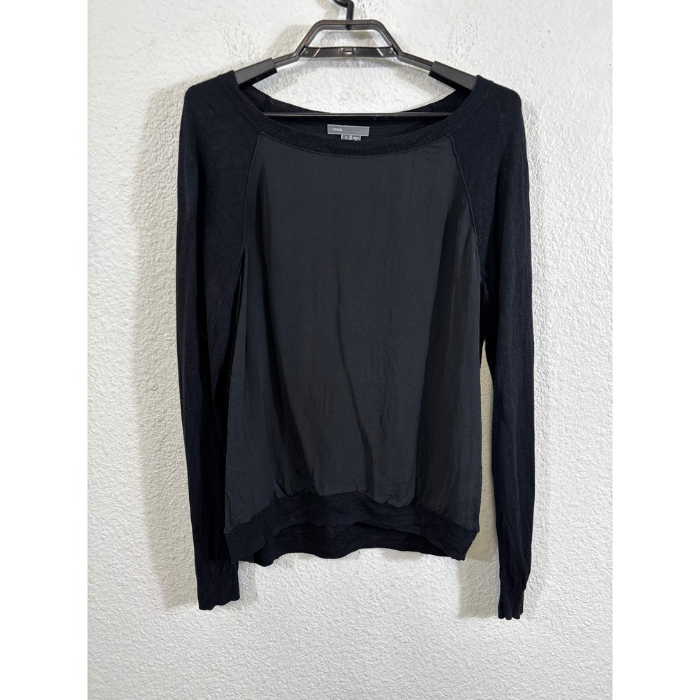 Vince Womens Black Silk Front Mixed Media Knit Sweater Large